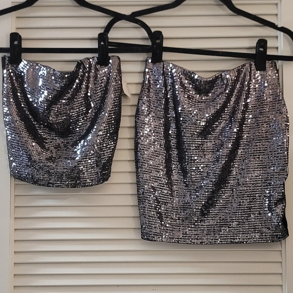 Favlux - (NWT) Two Piece Silver & Black Sequins Skirt & Tube Top Set